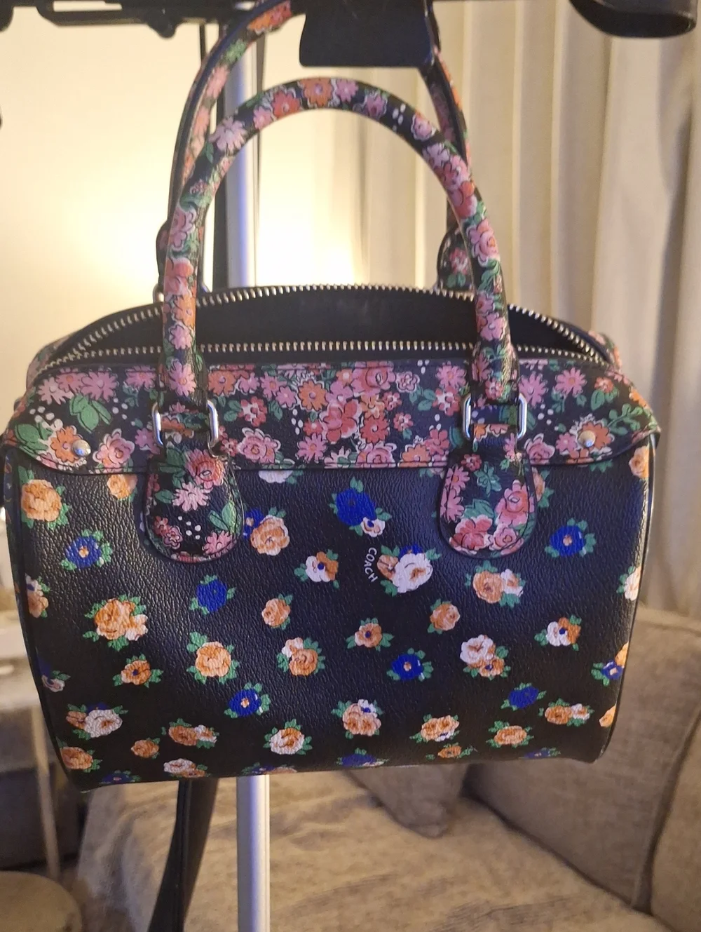 Coach Black Floral Leather Satchel with Pink and Orange Blooms